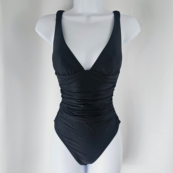 J.Crew Women's Black Ruched Waist Deep V-Neck One Piece Swimsuit Size 0 NWT - Picture 1 of 15